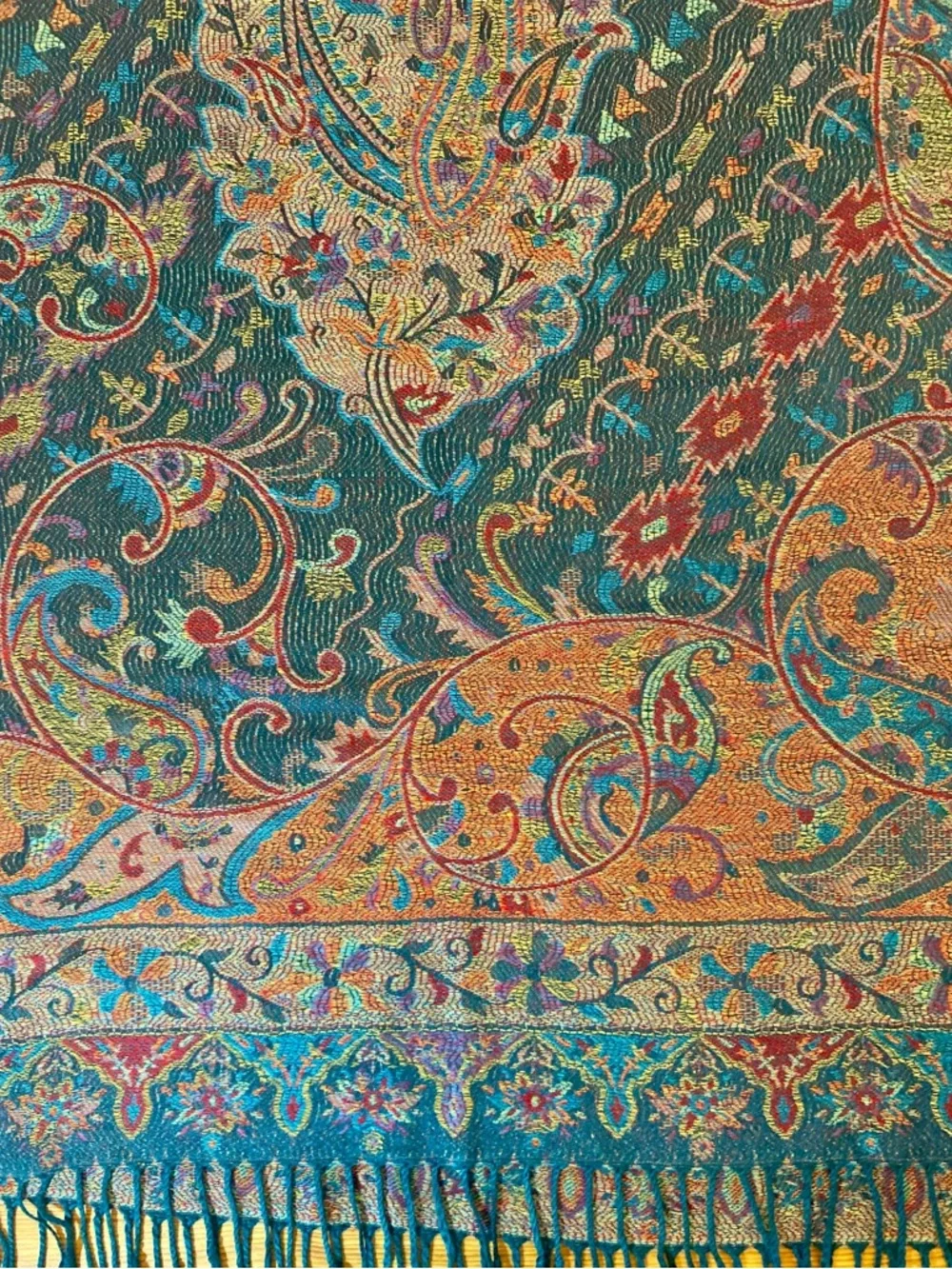 Oversized Paisley Fringe Tapestry Scarf Shawl Fairycore Teal Copper